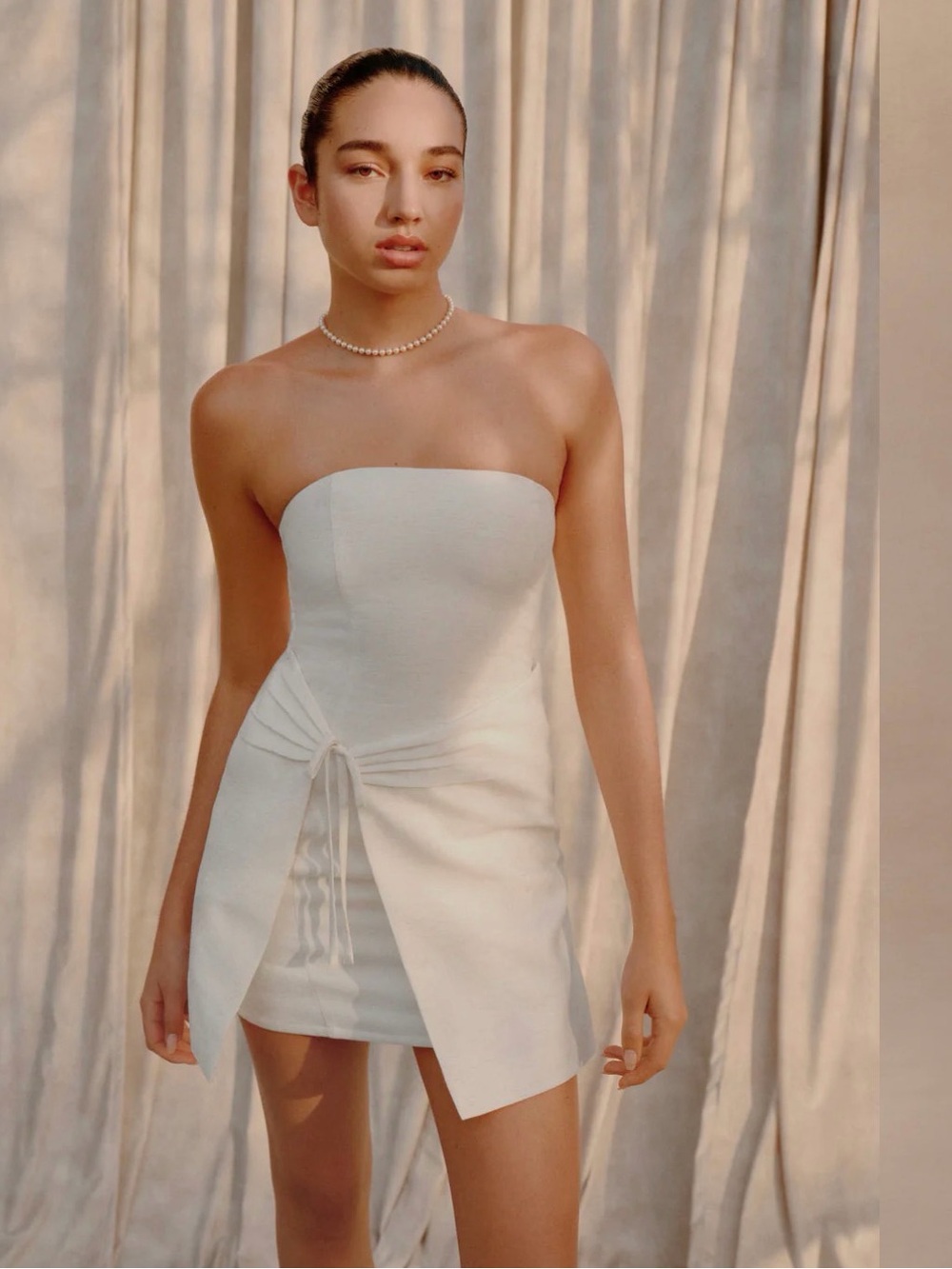 Meshki Cream Strapless Mini Dress with Front Tie Overlay